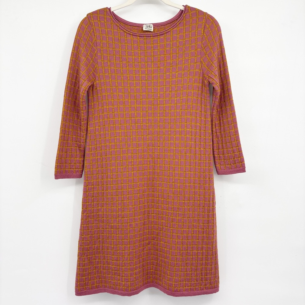 Siyu Womens Merino Wool Geometric Grid Mod Retro Knit Shift Dress Size M
